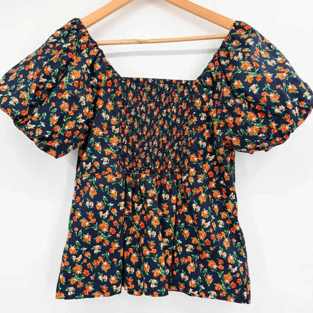 Old Navy Women's L Navy Floral Puff Sleeve Smocked Back Fall Cottagecore Blouse